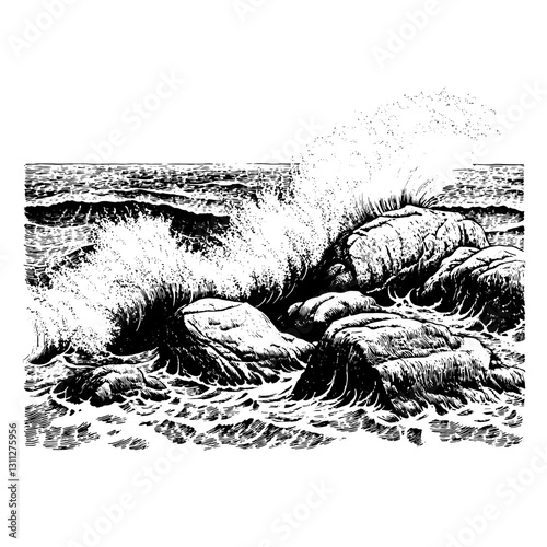 Engraved illustration of crashing waves against rocky shoreline in a bold vector design for tattoo and packaging art