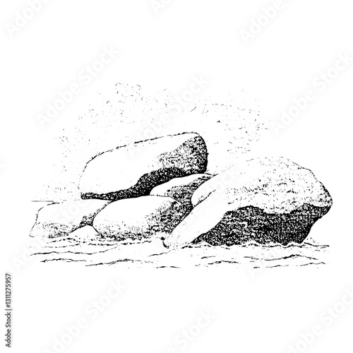 Engraved illustration of a serene figure reclining on large stones by the water's edge during twilight hours