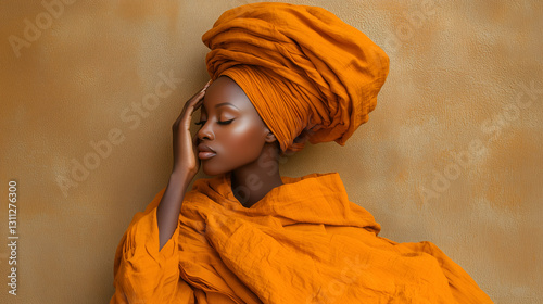 A serene portrait of a woman in an orange outfit and head wrap, set against a warm, textured background, exuding elegance and cultural richness.