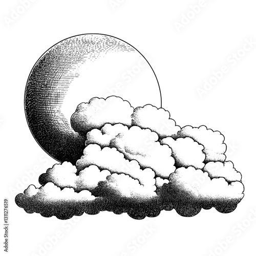 Engraved illustration of clouds and a moon capturing the essence of serene nature in a vintage tattoo style
