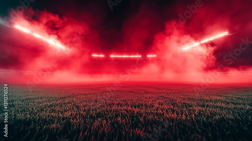 Red smoke and green grass in football or soccer stadion, background for sport commercials
