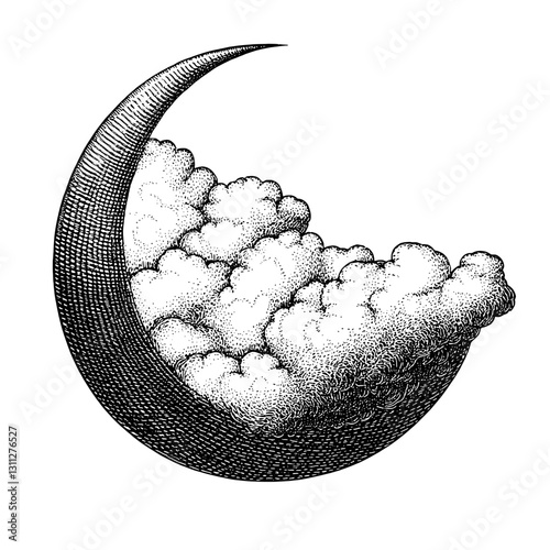 Engraved crescent moon cradling fluffy clouds, a mesmerizing design for tattoos and elegant packaging elements