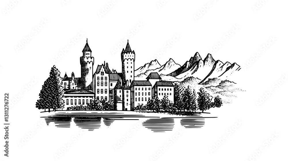 Obraz premium Intricate engraved castle design surrounded by majestic mountains and serene waters for tattoo and packaging inspiration