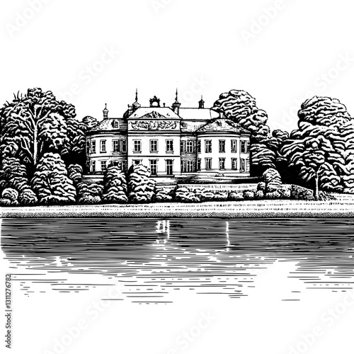 Intricate engraved illustration of an elegant mansion surrounded by lush trees reflecting in serene waters, embodying timeless beauty