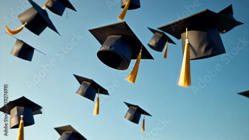 Students celebrate graduation by tossing caps into the air during a sunny ceremony outdoors