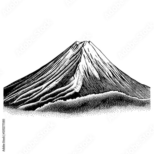 Majestic mountain silhouette with detailed engraving style evokes nature's grandeur in packaging and tattoo design