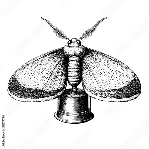 Engraved tattoo design featuring a detailed moth on a thimble for unique packaging inspiration
