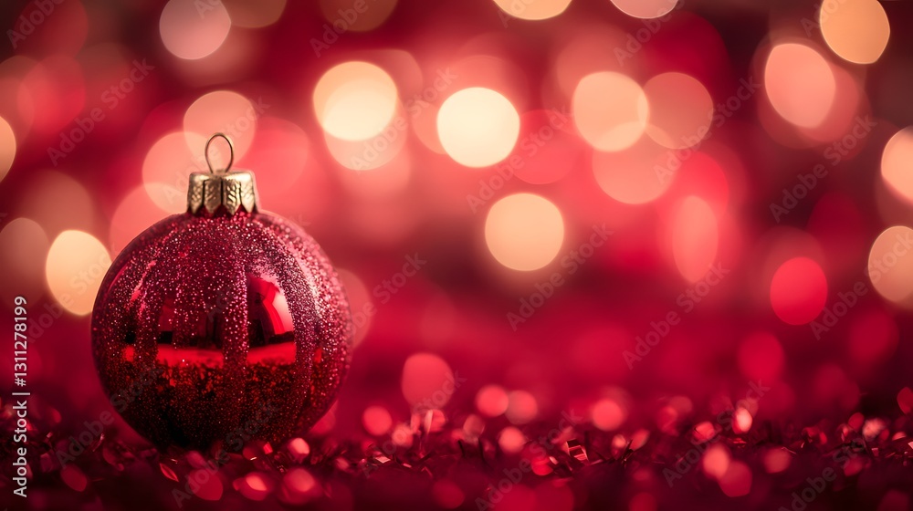 Obraz premium A single red Christmas ornament rests on festive tinsel