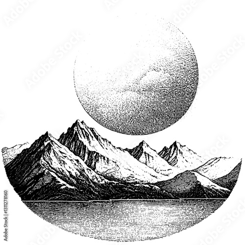 Mountain landscape engraving illustrated in vector for tattoo and packaging designs featuring a prominent sun over tranquil waters