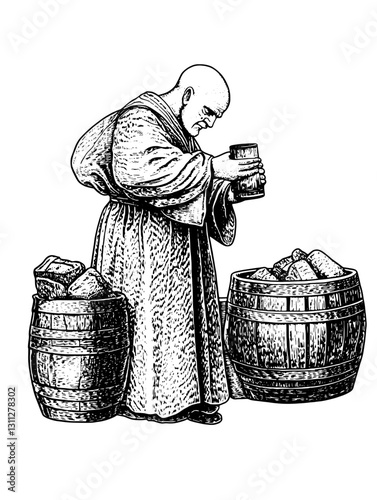 Monk examining ancient scrolls amidst wooden barrels in a tranquil, sacred space