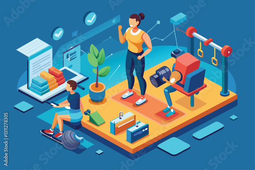 A personal trainer guides clients through various exercises using equipment and digital tools for fitness, Personal trainer Customizable Isometric Illustration