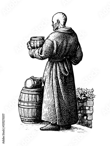 Engraved illustration of a figure holding a barrel, representing historical craftsmanship and trade practices