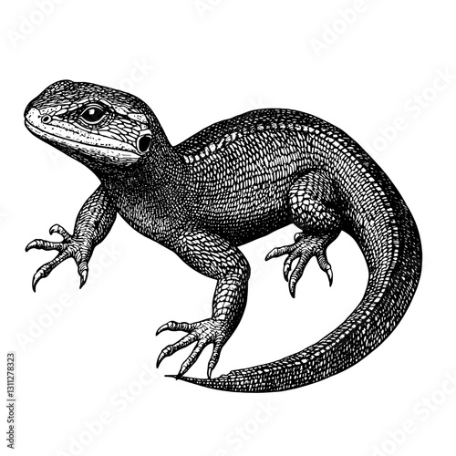 Engraved vector illustration of a detailed lizard design for tattoo and packaging inspiration, featuring intricate body textures and bold outlines