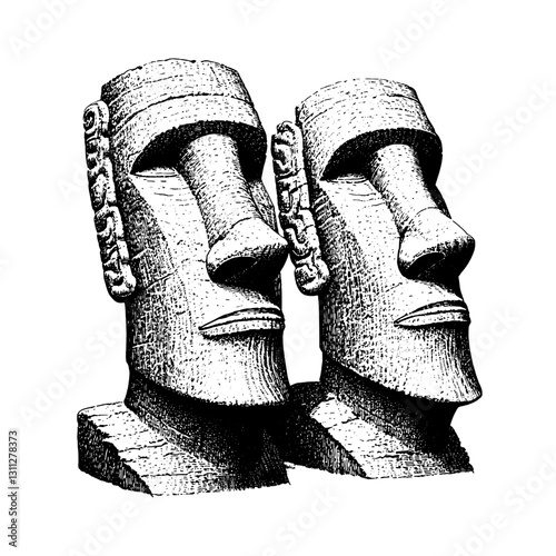 Engraved vector illustration of two intricate moai statues showcasing ancient artistry and cultural significance in a minimalist design