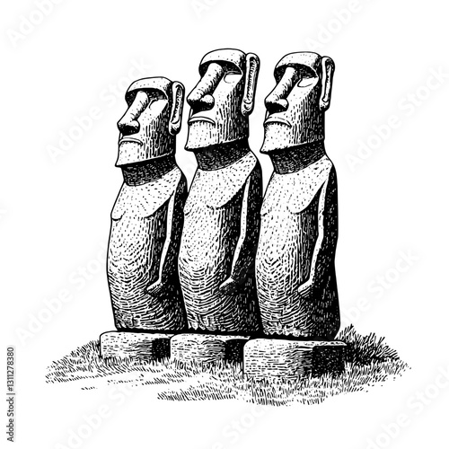 Intriguing engraved illustration of iconic Moai statues standing on a grassy landscape with intricate details and artistic flair