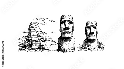 Mysterious stone statues tower over ancient ruins during a serene day in a forgotten land of legends and history