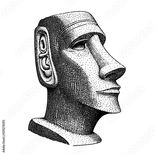 Intricate engraved illustration of an ancient statue showcasing artistry and cultural heritage in a unique tattoo design