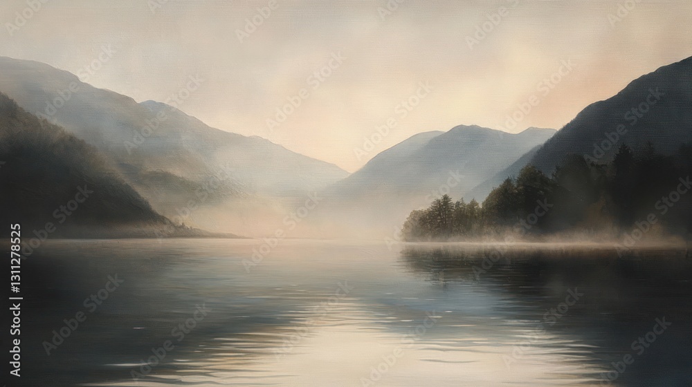 Fototapeta premium Misty lake sunrise in mountain valley.