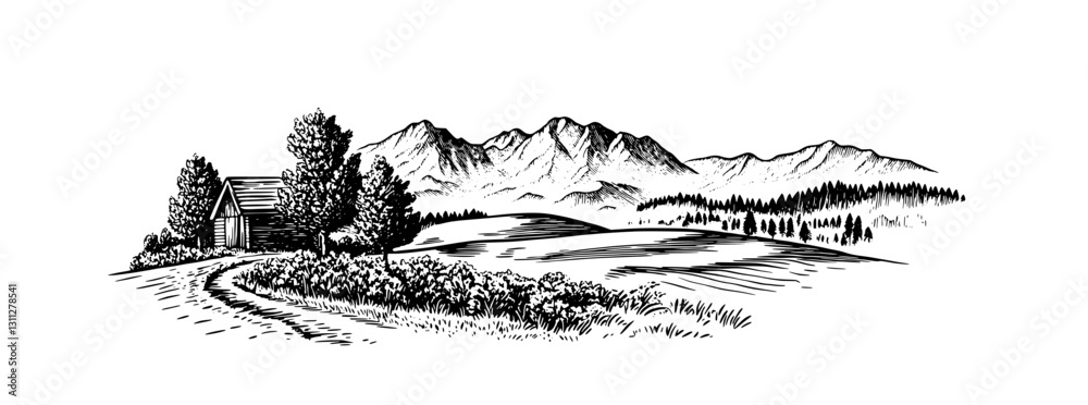 Obraz premium Engraved landscape design showcasing an idyllic cabin with mountains and lush greenery, perfect for artistic tattoo and packaging use