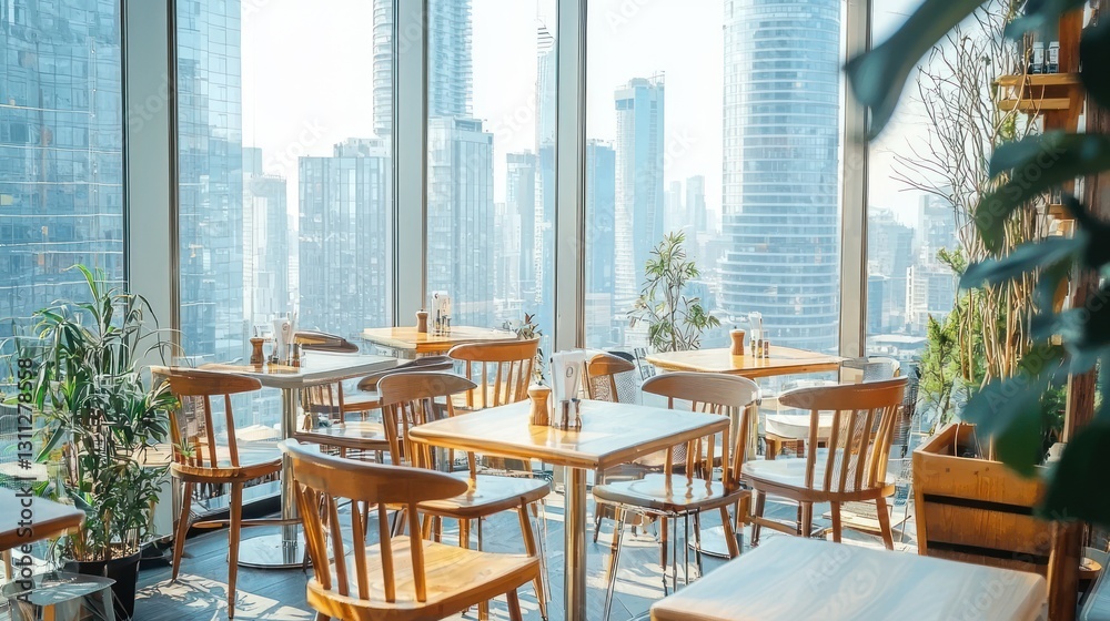 Obraz premium Modern restaurant with city view.