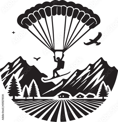 parachute with a parachute, black paragliding in the sky icon vector illustration, paragliding in the sky silhouette vector, paragliding in the sky silhouette vector black and white