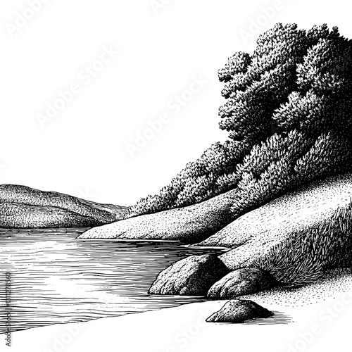 Engraved illustration of serene lakeside landscape with lush trees and gentle waves inviting reflection and tranquility