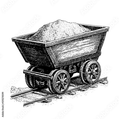 Engraved vintage mining cart filled with sand, illustrating the rich history of transportation in mineral excavation