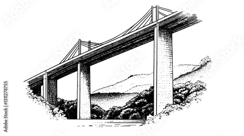 Majestic bridge spanning lush valleys under clear skies, showcasing engineering marvels in intricate engraving art