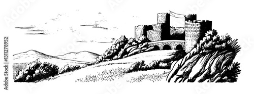 Engraved illustration of a medieval castle surrounded by majestic mountains and lush greenery in a serene landscape design