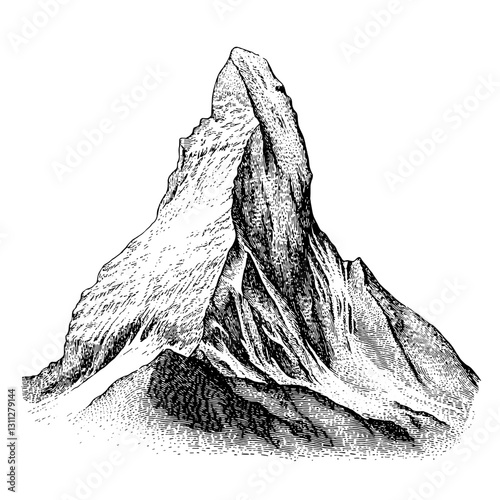 A striking mountain peak towers majestically, surrounded by rugged terrain