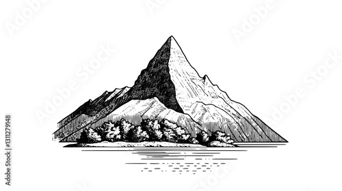 Majestic mountain peak surrounded by serene waters and trees, a testament to nature's beauty captured in detailed engraving style