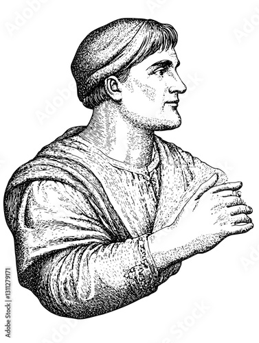Detailed engraved vector illustration of a man in historical attire with an expressive gesture suitable for tattoo and packaging design