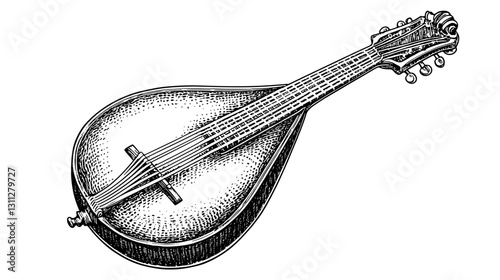 Engraved mandolin illustration showcasing intricate design suitable for tattoos and creative packaging