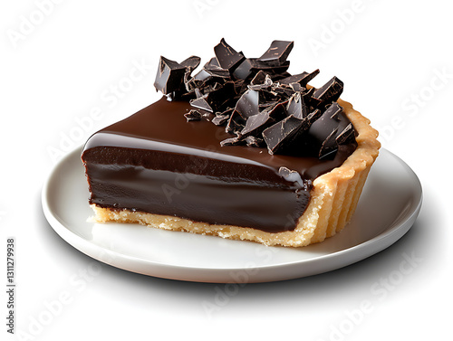 Chocolate Decadence: A single slice of rich chocolate tart sits on a crisp white plate, enticing with its dark, glossy ganache and chunks of dark chocolate, embodying a perfect dessert treat