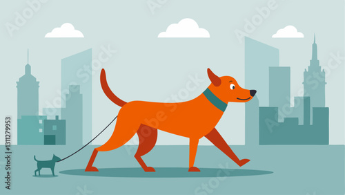 Urban Adventure A mediumsized dog with a shiny coat walks confidently in an urban setting. The human looking slightly surprised follows closely behind glancing around at the