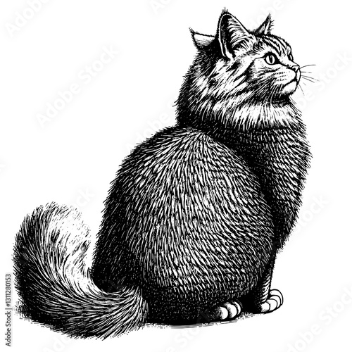 Engraved illustration of a fluffy cat, showcasing detailed fur texture and an intriguing expression in a captivating vector design