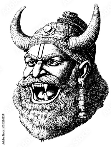 Engraved illustration of a fierce, horned figure with a majestic crown and an expressive face, embodying strength and intensity in a vintage style