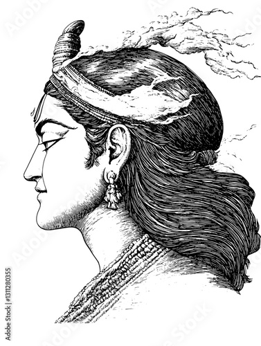 Captivating engraved illustration of a regal figure adorned with intricate jewelry and flowing hair, embodying historical elegance and artistry