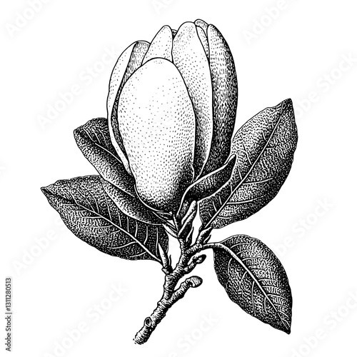 Engraved magnolia flower illustration for nature-inspired design and tattoo art