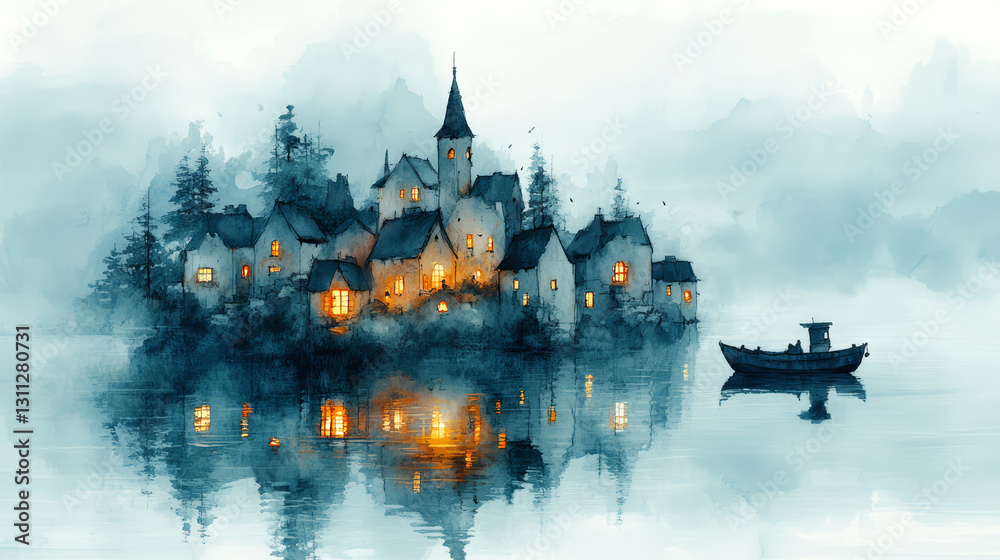 Fantasy castle on the lake in the fog. Fantasy castle on the lake in the fog.