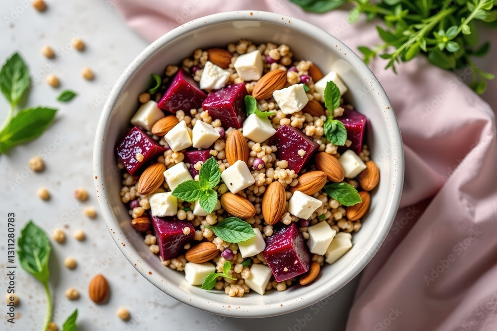 Bowl contains colorful grain salad with beets cheese and almonds, garnished with mint leaves, light background with pink cloth and herbs, design for food blogs, healthy recipes, restaurant menus Bowl contains colorful grain salad with beets cheese and almonds, garnished with mint leaves, light background with pink cloth and herbs, design for food blogs, healthy recipes, restaurant menus