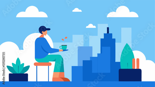 Urban Escape A vibrant rooftop scene with a person seated on a stylish chair surrounded by plants in pots. The character is sipping tea while gazing at a simplified city skyline in