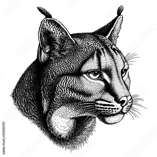 Elegant engraved illustration of a lynx head highlighting intricate details in the fur and facial expression