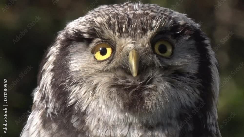 A close up of a Northern Hawk Owl, Surnia ulula, looking towards the camera. This is a small owl from the Northern latitudes such as North America, Russia and Scandinavia. A close up of a Northern Hawk Owl, Surnia ulula, looking towards the camera. This is a small owl from the Northern latitudes such as North America, Russia and Scandinavia.