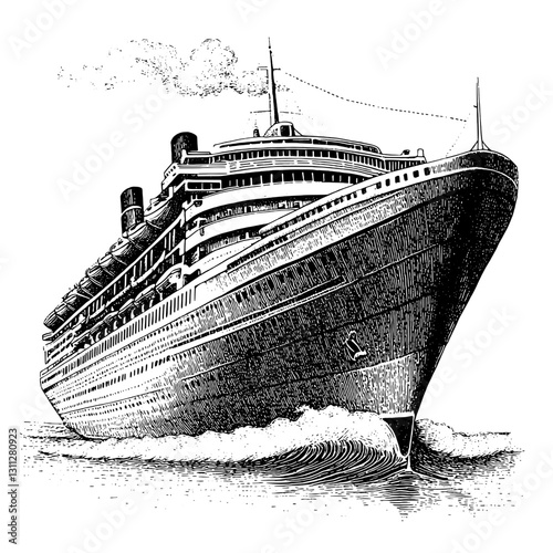 Elegant engraved illustration of a majestic ocean liner navigating the waves in a timeless artistic style
