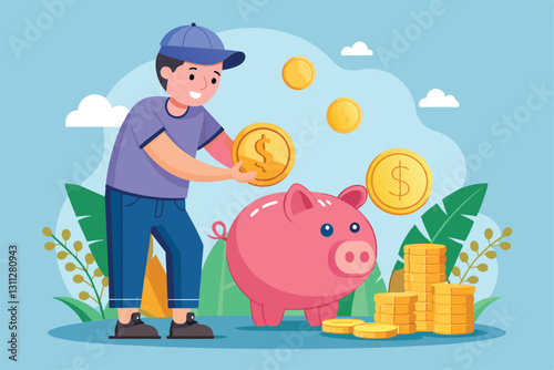 A young person happily inserts coins into a piggy bank surrounded by plants on a sunny day, Person saving money, inserting coins to piggy bank