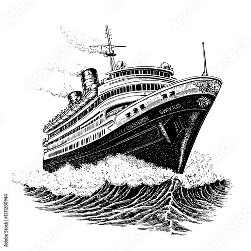 Elegant engraved illustration of a majestic ocean liner navigating through turbulent waves
