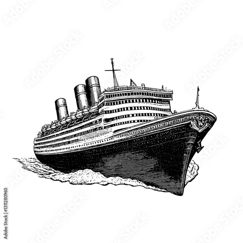 Majestic ocean liner sailing through the waves, showcasing intricate detailing in engraving style, a unique tattoo design inspiration