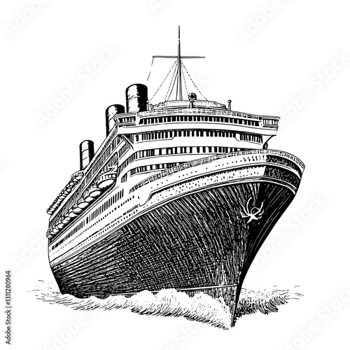 Majestic ship sailing through turbulent waters, showcasing intricate craftsmanship and detailed engraving style