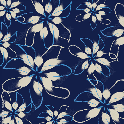 Abstract pattern featuring hand-drawn white flowers. seamless flower pattern blends delicate brushstrokes with bold outlines